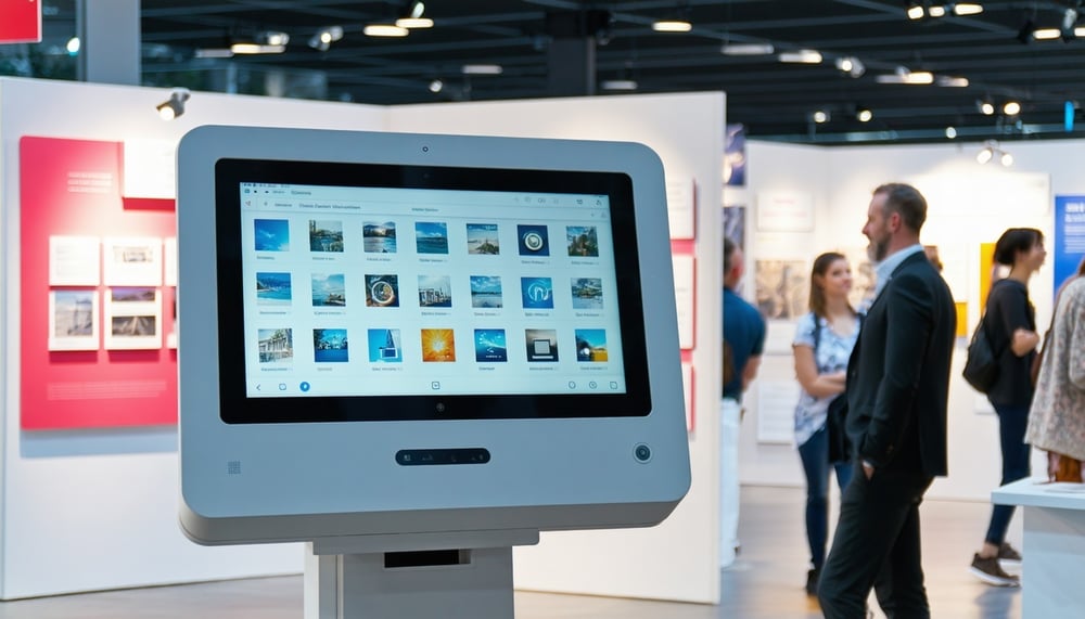 Modern touchscreen kiosk at an exhibition in Melbourne Modern touchscreen kiosk at an exhibition in Melbourne
